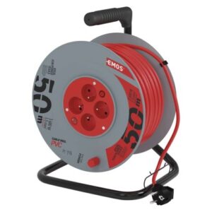 Obrázok produktu Predlžovací kábel na bubne 50 m / 4 zásuvky / s vypínačom / červený / PVC / 230V / 1,5 mm2