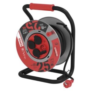 Obrázok produktu Vonkajší predlžovací kábel na bubne 25 m / 4 zásuvky / čierny / guma / 230 V / 1,5 mm2